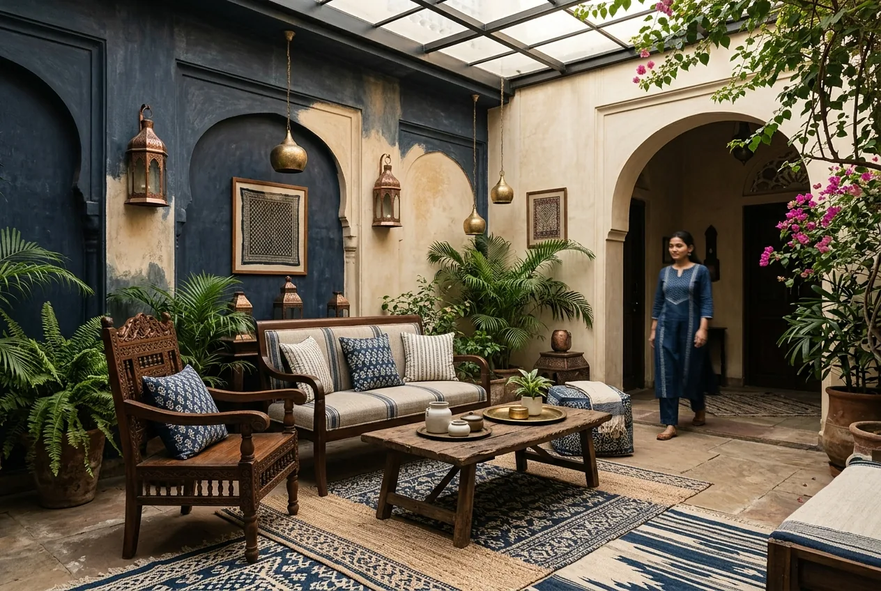 India sourcing for Bahrain — handcrafted furniture and lanterns in a boutique-hotel interior