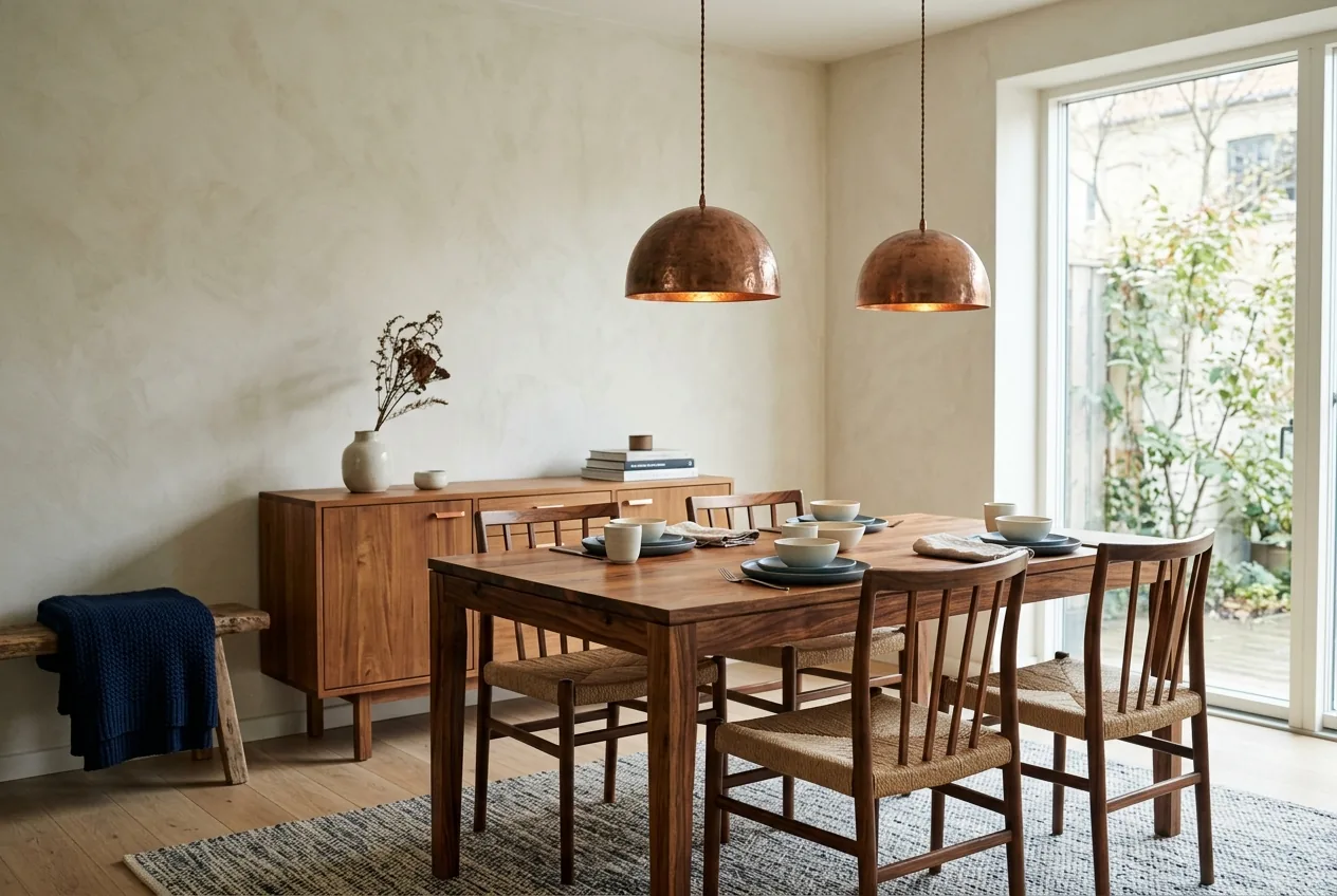 India sourcing for Danish buyers — wooden furniture and pendant lighting in a hygge interior