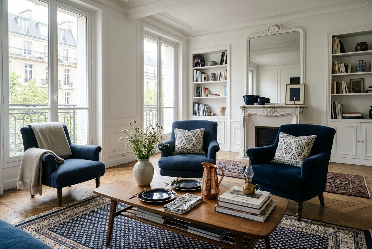 India sourcing for French buyers — design-led décor, rugs and tableware in a light interior