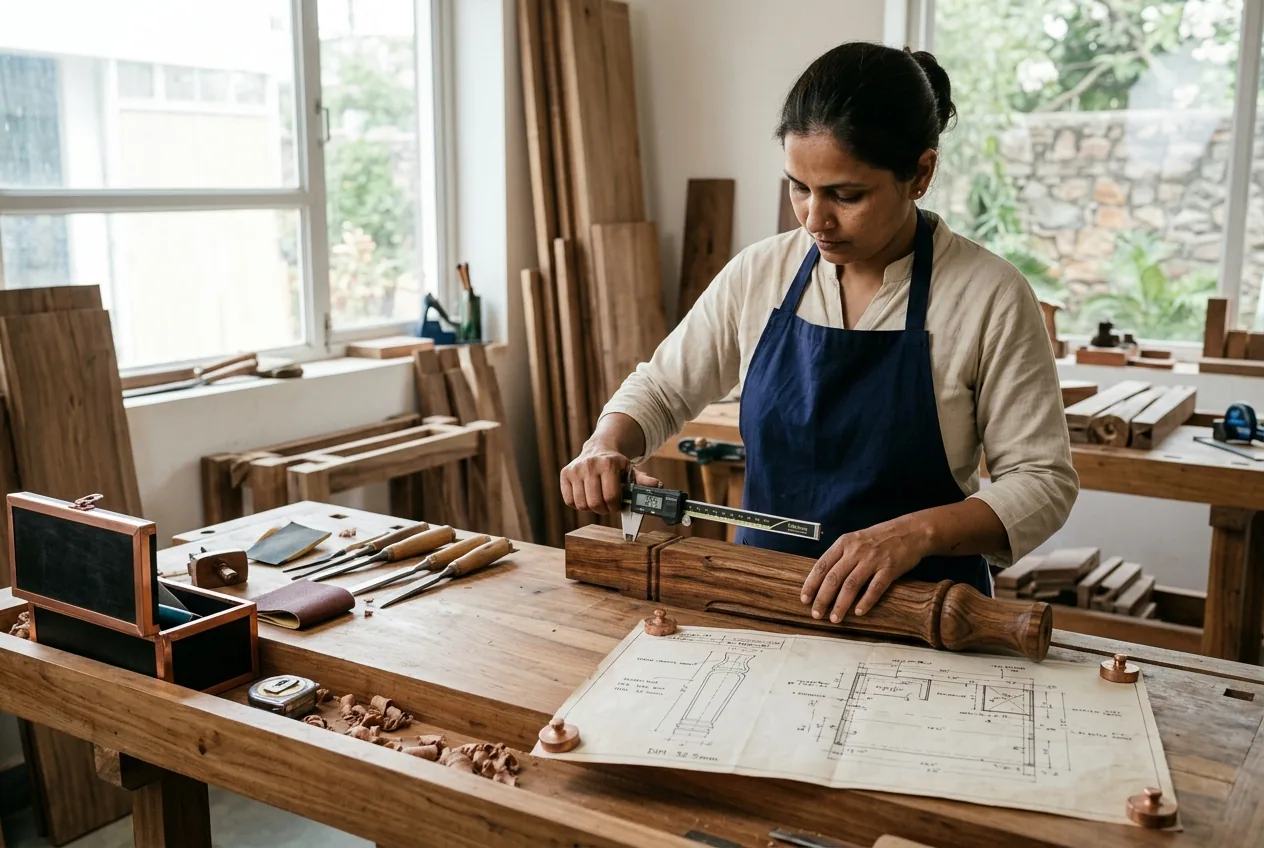 India sourcing for German buyers — quality inspector measuring solid-wood furniture