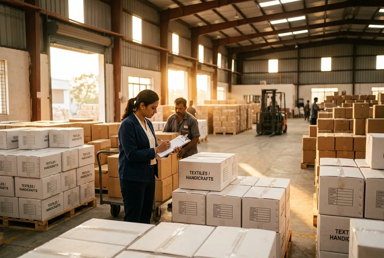 India sourcing for global buyers — export packing warehouse at golden hour