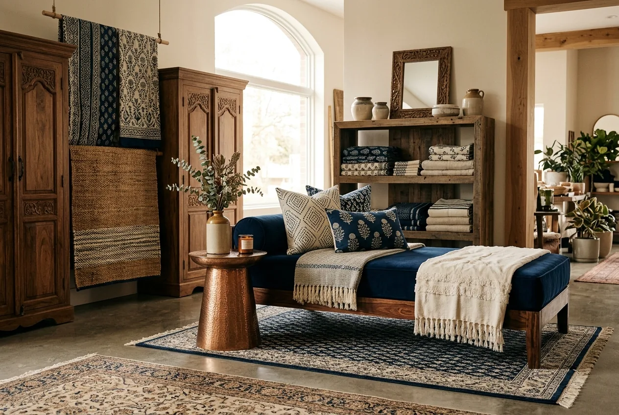 India sourcing for Kuwait — home furnishings and accent furniture in an upscale retail setting