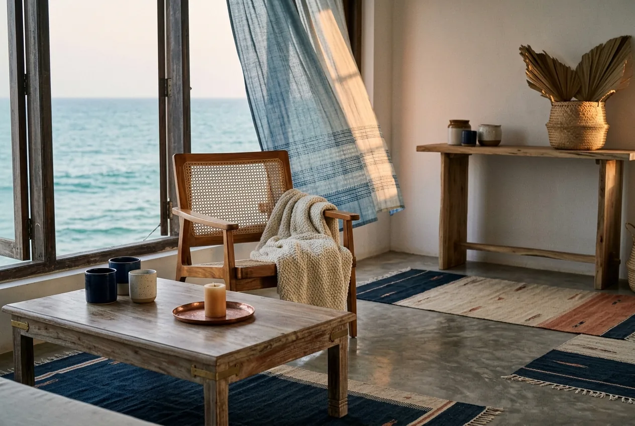 India sourcing for Oman — natural-wood furniture and woven textiles in a coastal-luxury interior