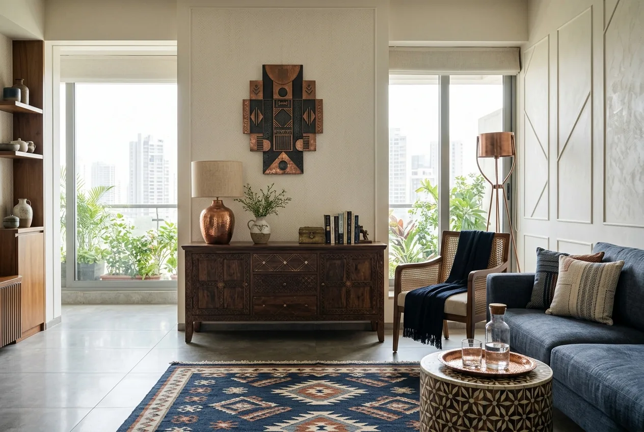 India sourcing for Qatar — crafted furniture and sculptural lighting in a modern luxury interior