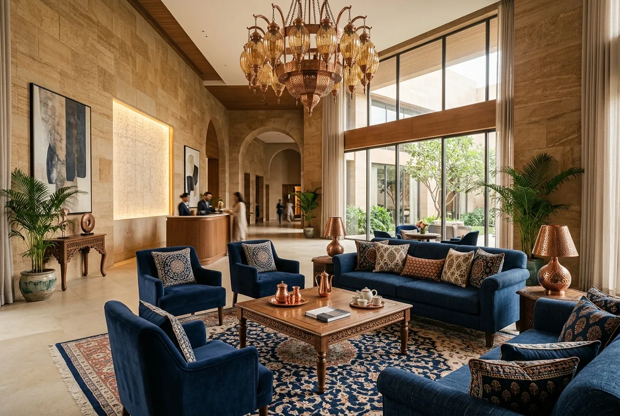 India sourcing for Saudi Arabia — furniture and lighting in a luxury hospitality lobby