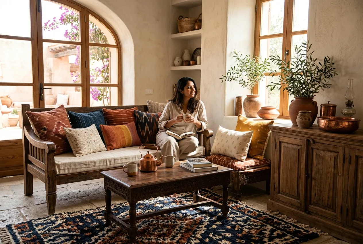 India sourcing for Spanish buyers — furniture, textiles and décor in a sunlit Mediterranean interior