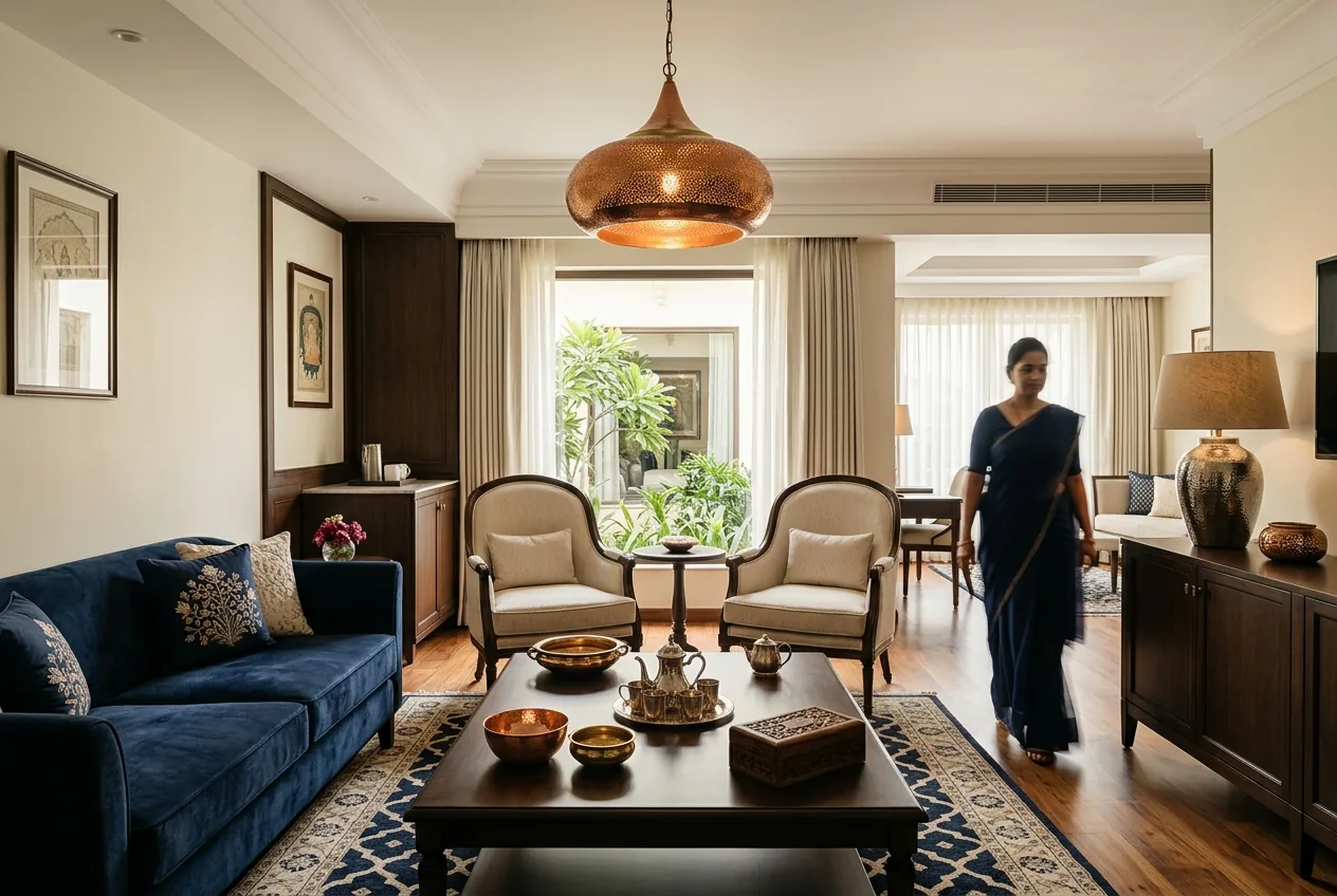 India sourcing for UAE buyers — handcrafted lighting and furniture in an upscale hotel interior